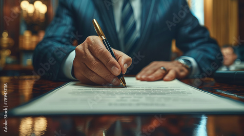 Man signing on a legal document, close up portrait of businessmen hand writing on paper