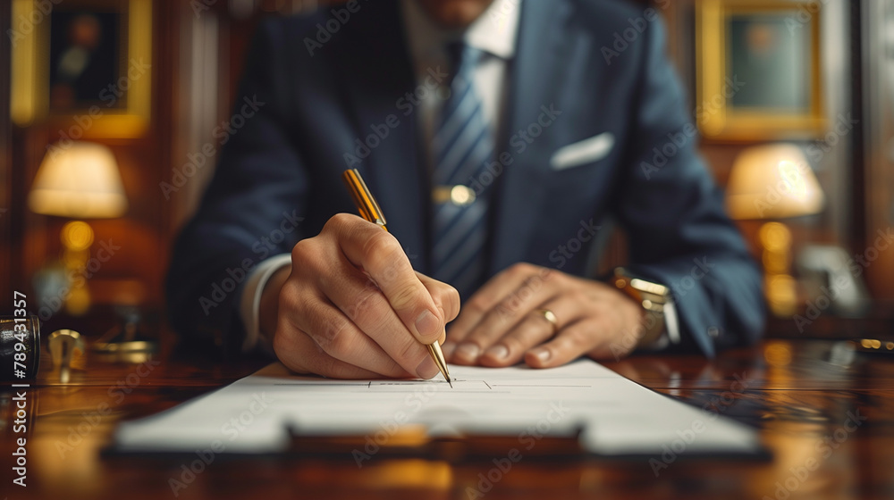 Man signing on a legal document, close up portrait of businessmen hand writing on paper Man signing on a legal document, close up portrait of businessmen hand writing on paper