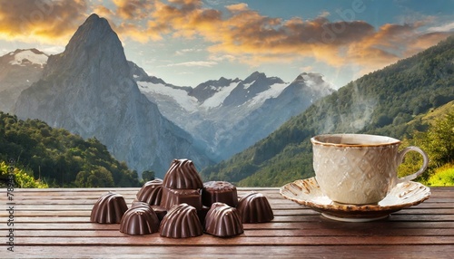 breakfast with chocolate and coffee on a wooden table in the mountains photo