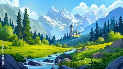 In summer landscape with rocks, water stream, green grass and royal castle with towers, a fairy tale castle stands in a mountain valley with coniferous trees and a river. Modern cartoon illustration.