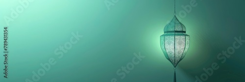Ribbon ketupat Arabic lantern on green and blue background , highlighting its striking features, Graphic Design, digital composition with clean lines and bold typography, Banner Image For Website photo