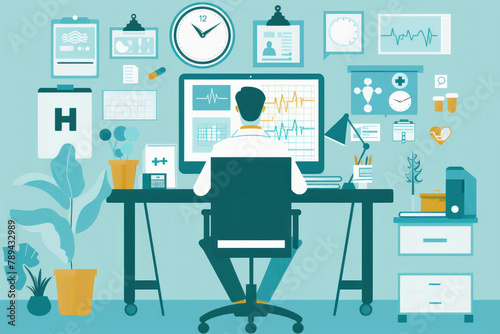 flat design illustration of a doctor sitting at a desk with a computer, with medical information on the screen, a clock and various health icons in the background