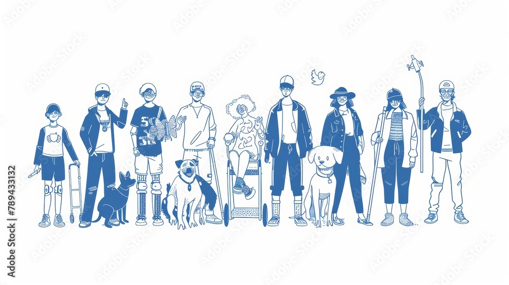 Web banner for International Day of People with Disability. Blind person with stick and guide dog, handicapped man and woman with bionic hands and legs, line art modern concept. Web banner for International Day of People with Disability. Blind person with stick and guide dog, handicapped man and woman with bionic hands and legs, line art modern concept.