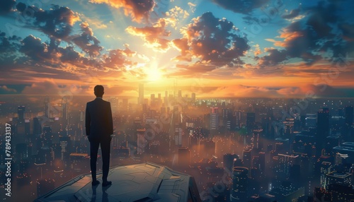A businessman standing on a rooftop overlooking a futuristic city. photo