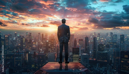 A businessman standing on a rooftop overlooking a city at sunset. photo