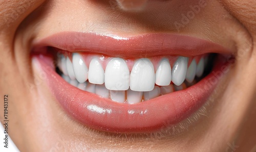 A joyful woman with good teeth is shown in close-up.