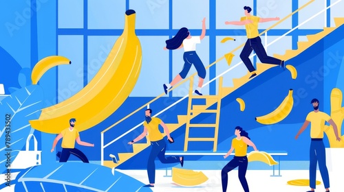 Men and women drop from staircase, slide on floor, and fall as they stumble on stairs. Modern flat illustration of people falling from high, ladders, stools, and banana peels. photo