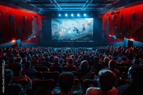 A huge audience is watching a movie on movie theatre, with front and rear views.