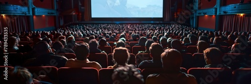 A huge audience is watching a movie on movie theatre, with front and rear views. photo