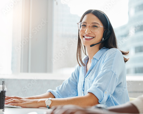 Portrait, agent or happy woman consulting in call center networking online on computer in telecom support. Smile, typing or virtual assistant in communication or conversation at customer services