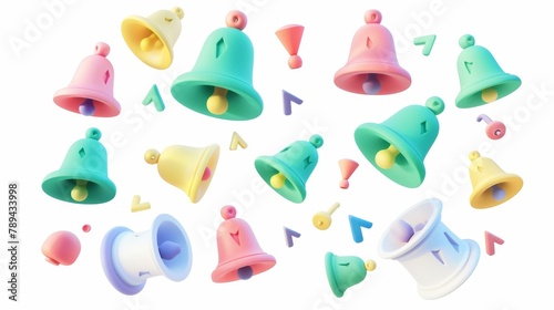 Icons for notice, alarm or attention messages with colored bells and exclamation points. Isolated on white background, 3D illustration of handbells. photo