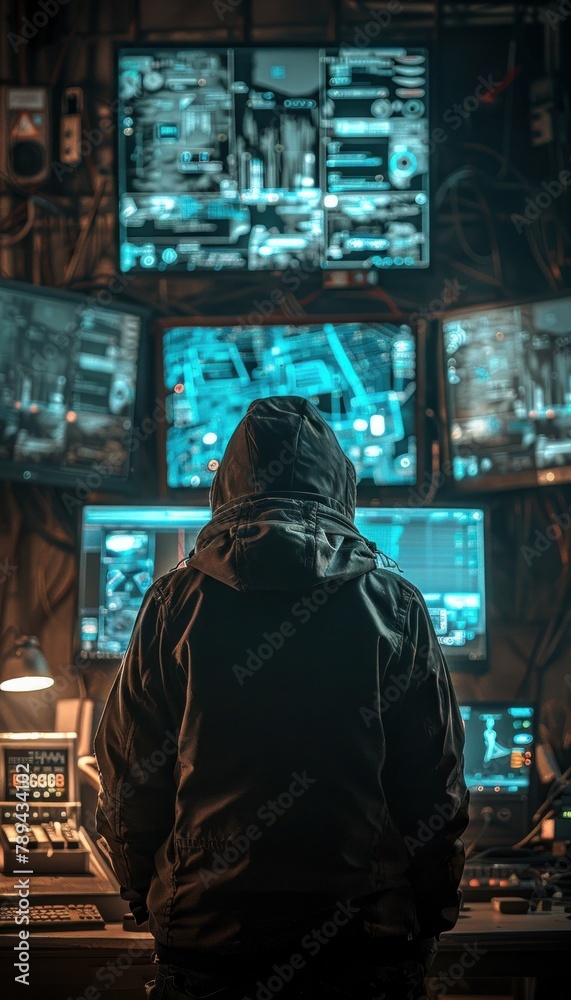 A hacker in a dark room with multiple monitors. Stock Photo | Adobe Stock
