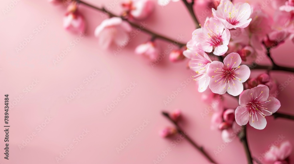 Delicate Cherry Blossoms on Pastel Pink Background. Springtime Elegance with Border Cherry Blossoms