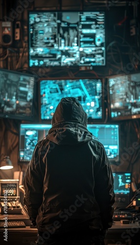 A hacker in a dark room with multiple monitors.