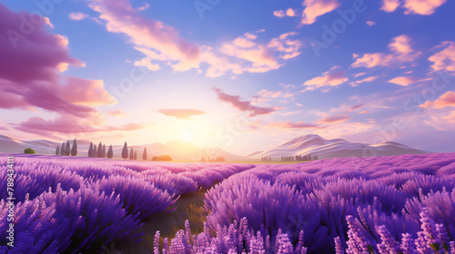 A sunlit field of lavender stretching toward the horizon.