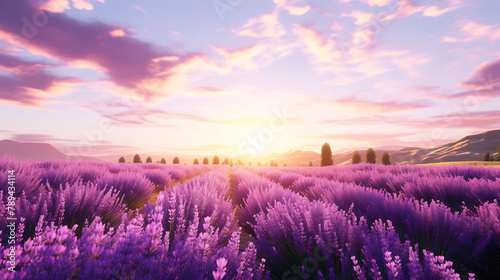 A sunlit field of lavender stretching toward the horizon.