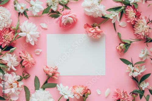 top view of a blank white postcard on a pink background with flowers. copy space concept for a wedding invitation or Mother's Day card design in the style of floral images