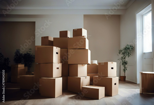 cartons moving concept house room stack Empty apartment armchair box brown cardboard cardbox chair clock day estate flat floor green group home indoor interior © wafi