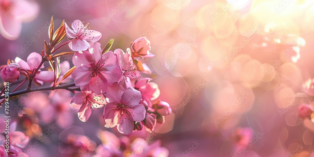 Beautiful Pink Flowers in Bloom on Sunlit Branch against Bright Background with Copy Space for Text