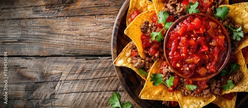 Nachos made with Mexican corn tortilla chips topped with seasoned meat and spicy red salsa, pictured on a wooden background with copy space.