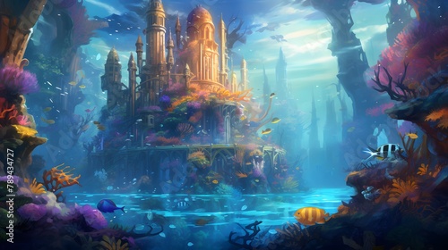 Illustration of a fantasy underwater world with fish, plants and buildings