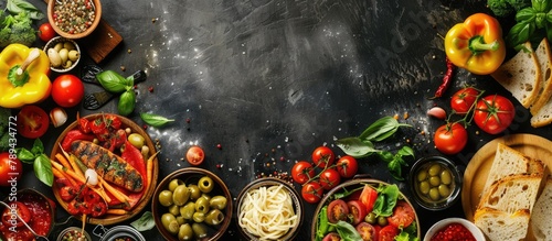 Italian cuisine elements and dishes presented in a collage. Background of traditional Italian food, with space for text. photo
