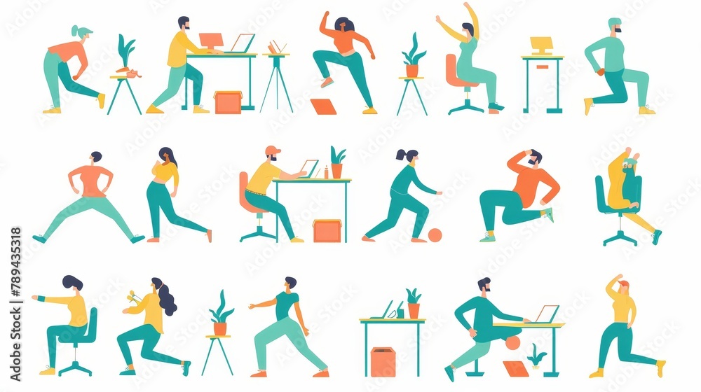Employees exercising at work, stretching at the desk isolated set. People squatting, leaning and lunging enjoying their break during workout at work. Cartoon linear flat modern illustration.