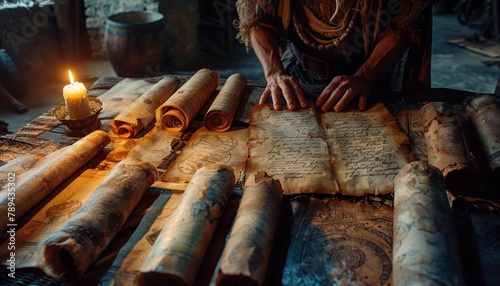 A wizard studies a collection of ancient scrolls. photo