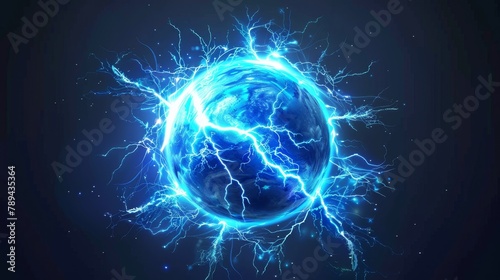 Realistic 3D modern illustration showing electric ball with blue energy discharge strikes  lightning or thunderbolt circle  plasmic sphere  powerful magic electrical isolated dazzle effect 