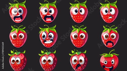 Funny strawberry with different facial expressions. Icons of fresh red berries with green leaves, isolated on black background. © Mark