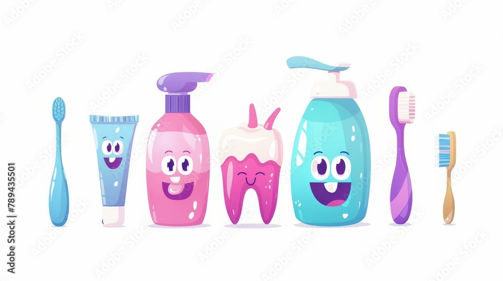 Animation of mouthwash bottle, toothbrush, paste tube, and floss cartoons, isolated on white background. Modern illustration. Animation of mouthwash bottle, toothbrush, paste tube, and floss cartoons, isolated on white background. Modern illustration.