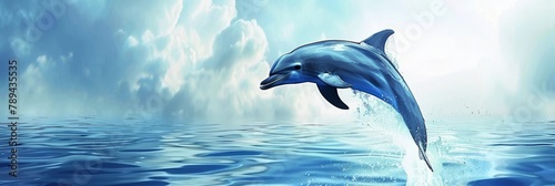 A lonely playful dolphin surfs the waves of the ocean, the dolphin jumps above the surface of the water, banner