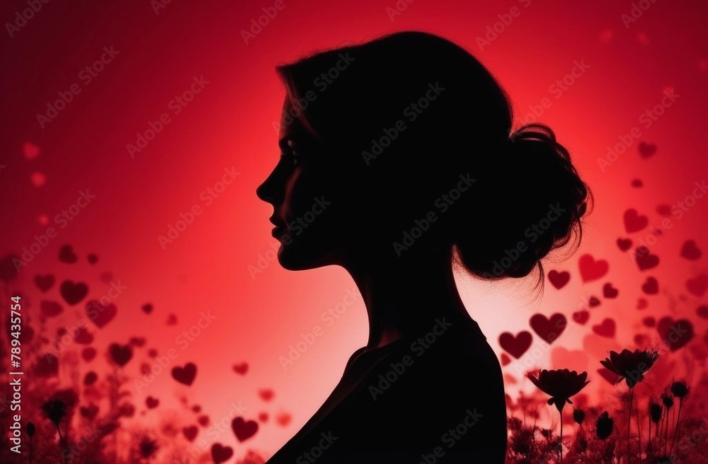 Silhouette of a woman on a red heart background