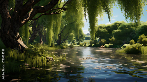 A tranquil pond surrounded by weeping willows  their branches dipping into the water.