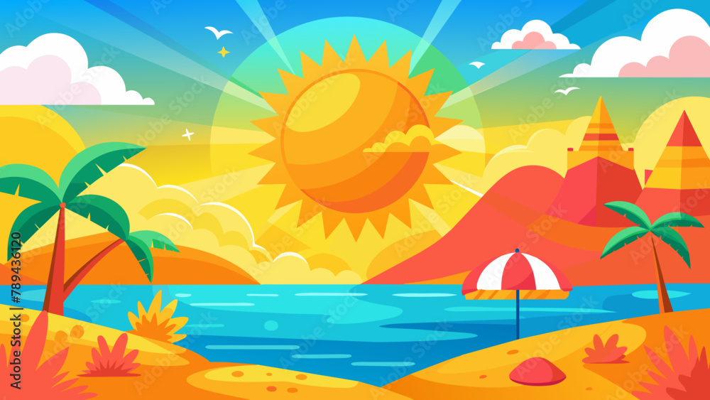 Vibrant Tropical Beach Sunset Illustration with Palm Trees and Ocean