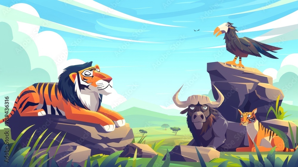 Cartoon African wild animals on a savannah background. Sketch ...