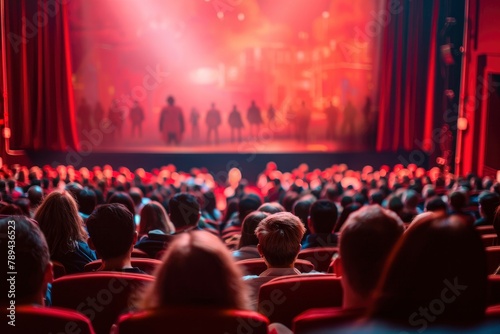 A huge audience is watching a movie on movie theatre, with front and rear views.