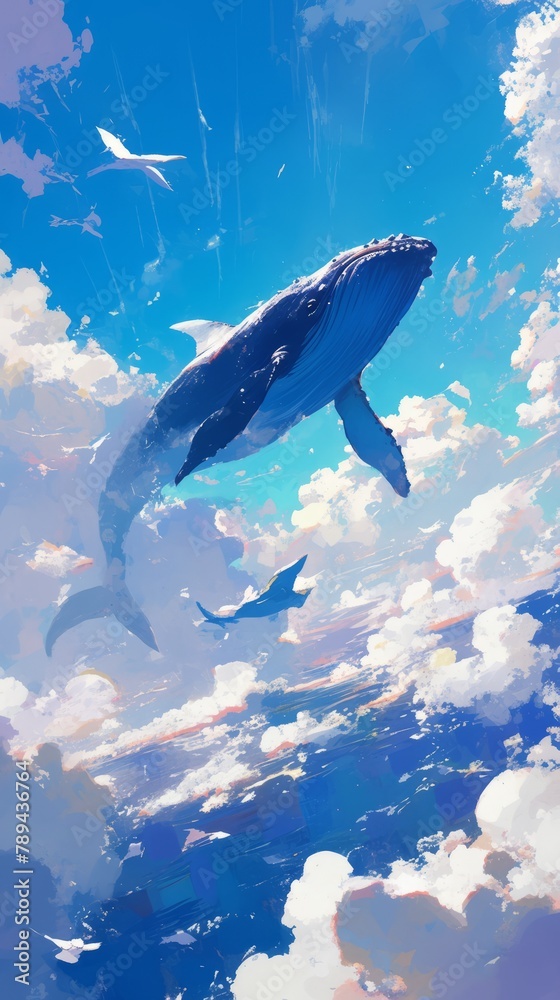 Fototapeta premium Illustration of a swimming whale in a clear clear blue sky among the clouds