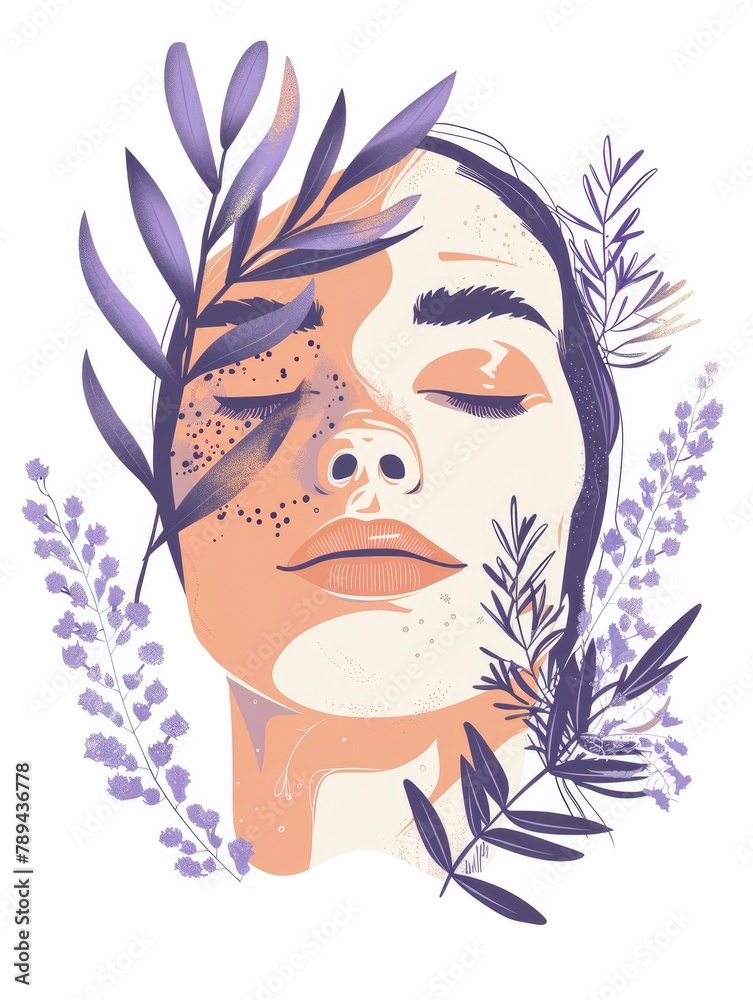 A white and lavender artwork of a woman's face with her eyes closed and surrounded by plants.