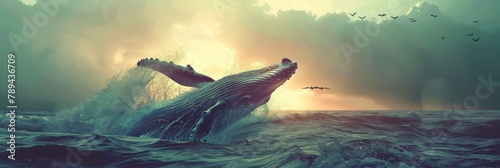 A frolicking whale jumps out of the water in the northern waters of the ocean  banner