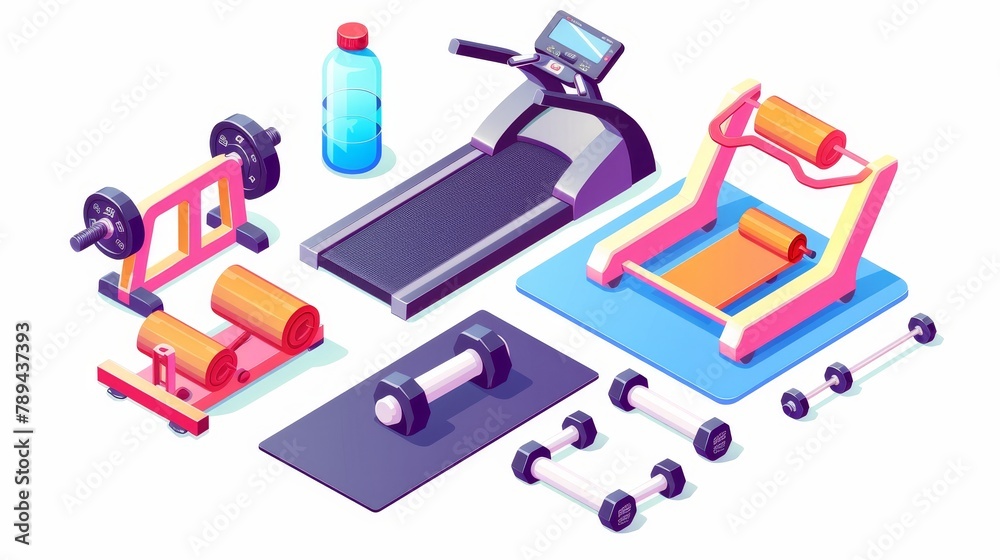 Sport equipment for a gym including treadmill, yoga mat, dumbbells, and an elliptical trainer on a white background. Water bottle and several tools for muscle training are also shown. Sport equipment for a gym including treadmill, yoga mat, dumbbells, and an elliptical trainer on a white background. Water bottle and several tools for muscle training are also shown.