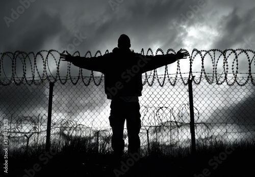 Man figure standing in front of a barbed wire fence, arms raised. idea for controlling border or fighting hostilities