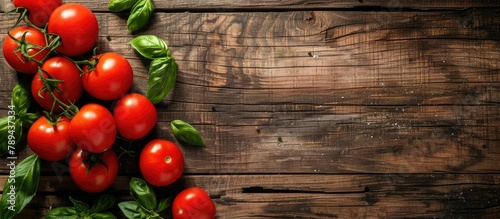 A top-down view of fresh tomatoes and basil from local farmers placed on a wooden table, with space for text.