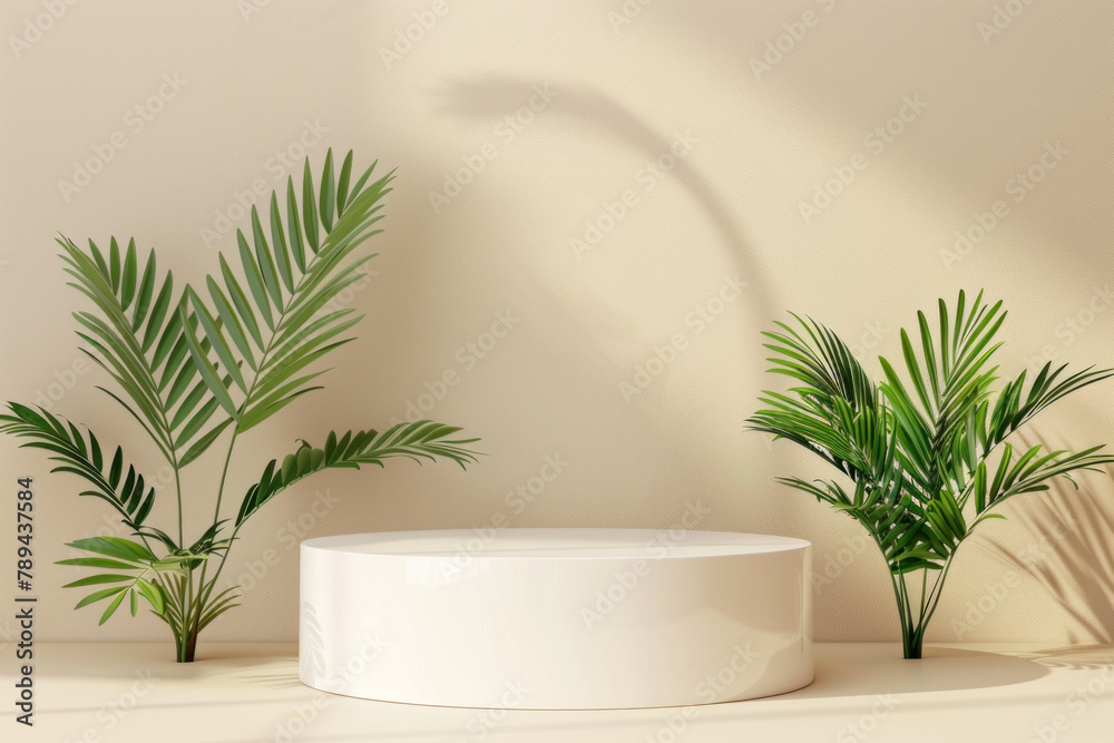 3D rendering of a white empty podium platform with palm leaves on a beige background for product presentation 3D rendering of a white empty podium platform with palm leaves on a beige background for product presentation