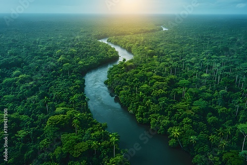 River Flowing Through Lush Green Forest. Generative AI © D