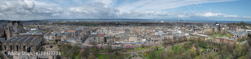 Panorama of Edinburgh Skyline including Carlton Hill, the St James Quarter building, the 1 O'Clock gun with the Firth of Forth in the distance
