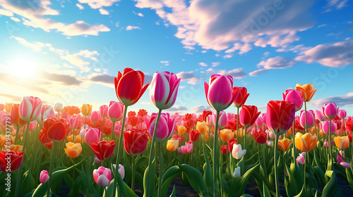A vibrant field of tulips stretching toward the horizon under a clear blue sky. #789437779