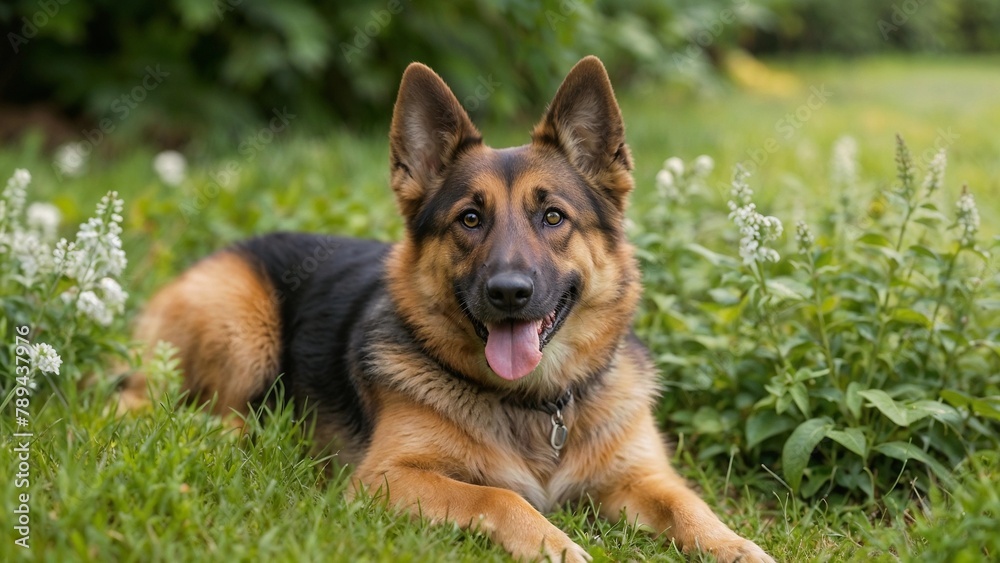 German shepherd dog happily relaxing on the grass. German shepherd dog happily relaxing on the grass.