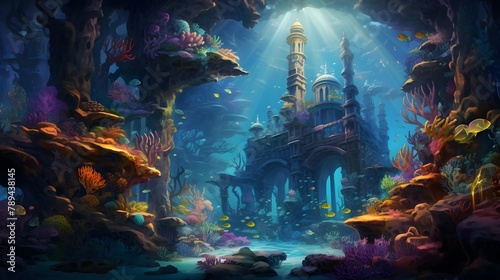 Fantasy landscape of the underwater world with a lighthouse and a ship