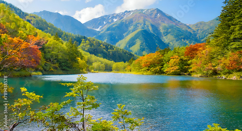 autumn landscape with lake and mountains .  Summer in Japan mountain lake colorful trees  © Sadaf